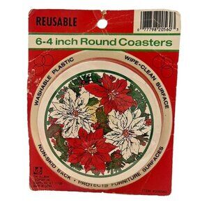 Vintage 6 Reusable Plastic Coasters Poinsettia Christmas Flowers 4‎ in Round